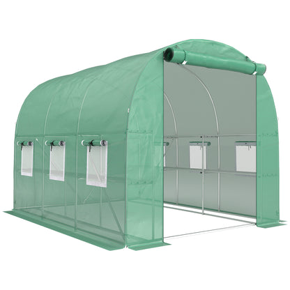 Walk-in Greenhouse with Shelves, Polytunnel Greenhouse with Roll-Up Door, 6 Mesh Windows,198 x 275 x 191 cm, Green