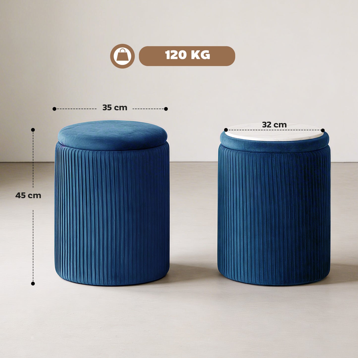 Storage Ottoman Modern Velvet Round Foot Stool for Living Room Bedroom 45 cm Blue