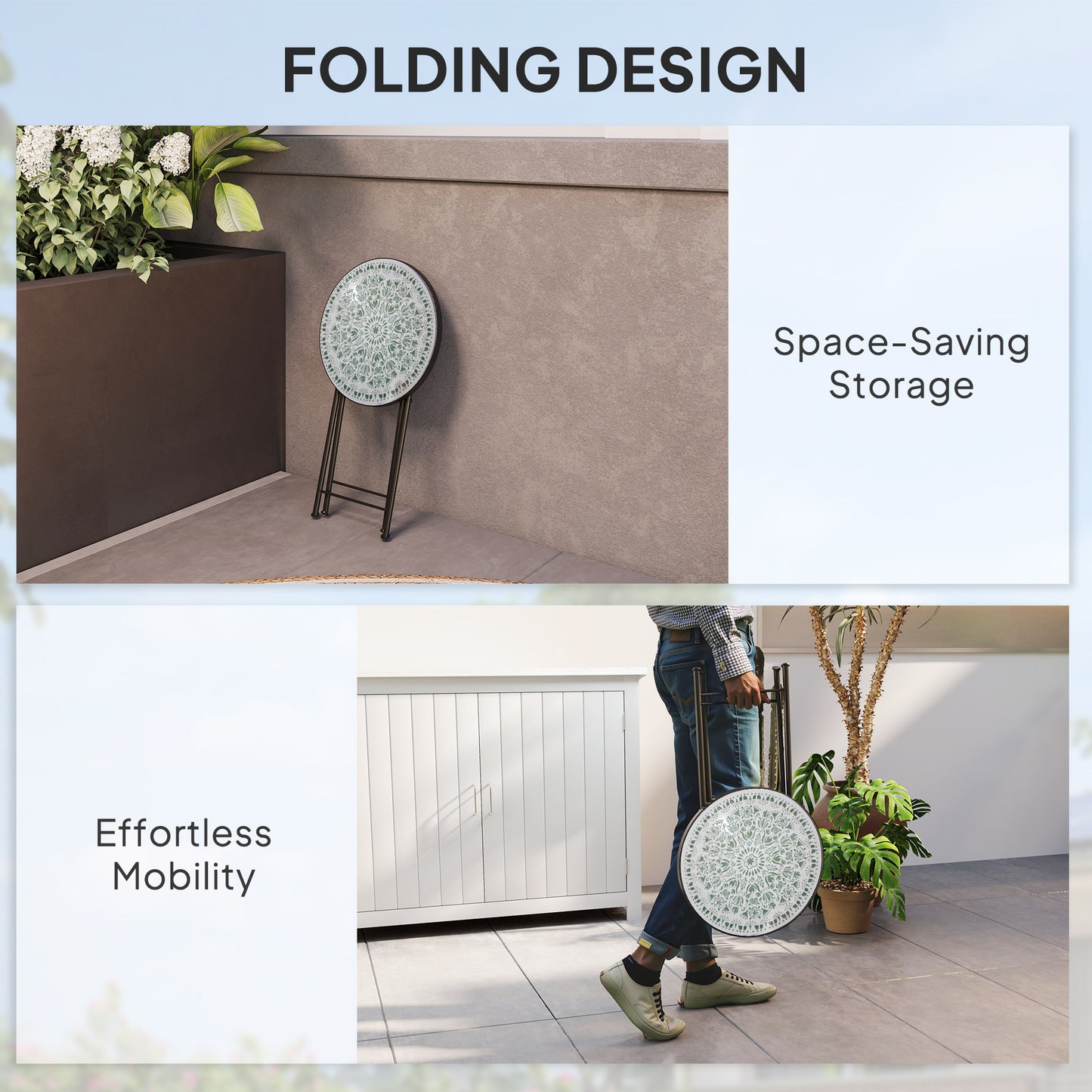 Mosaic Outdoor Garden Table, 35.5cm Round Folding Coffee Table with Metal Frame for Balcony Terrace, Green