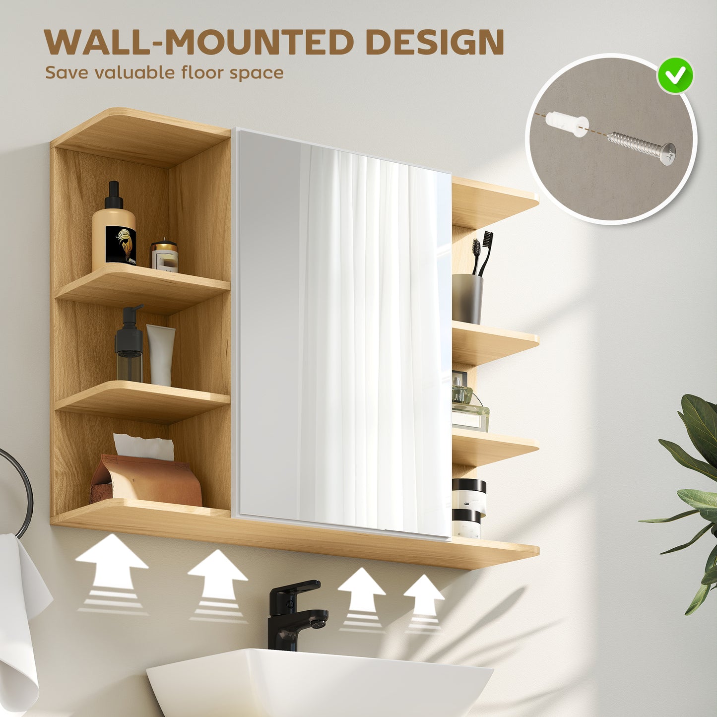 Bathroom Mirror Cabinet with Open Storage Shelves - Natural Wood Finish