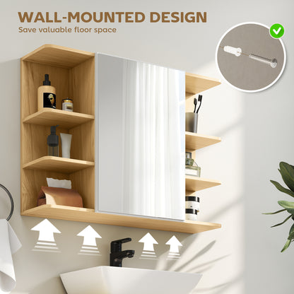 Bathroom Mirror Cabinet with Open Storage Shelves - Natural Wood Finish