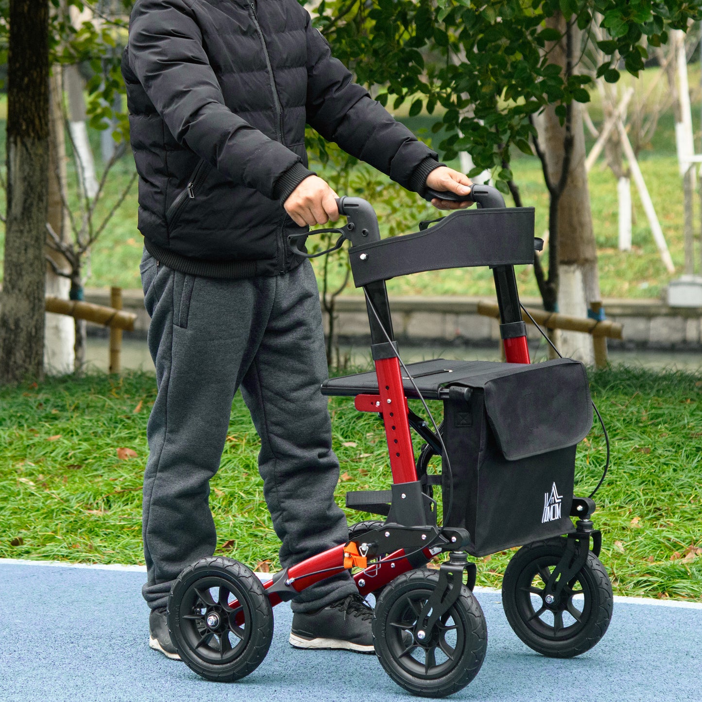 Lightweight Walking Frame, Rubber Wheels, Rollator Walker with Seat and Wheels with Adjustable Handle, Bag, Red