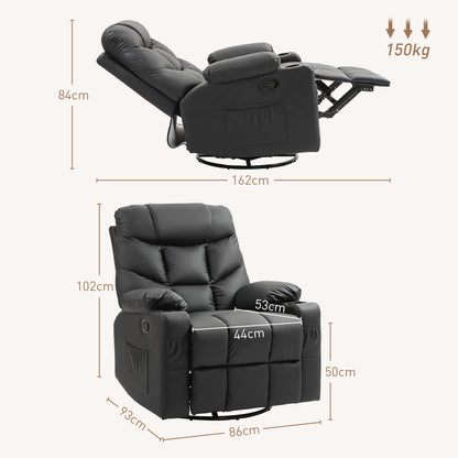 Manual Reclining Chair, Recliner Armchair with Swivel, Faux Leather, Footrest, Cup Holders, 86x93x102cm, Black