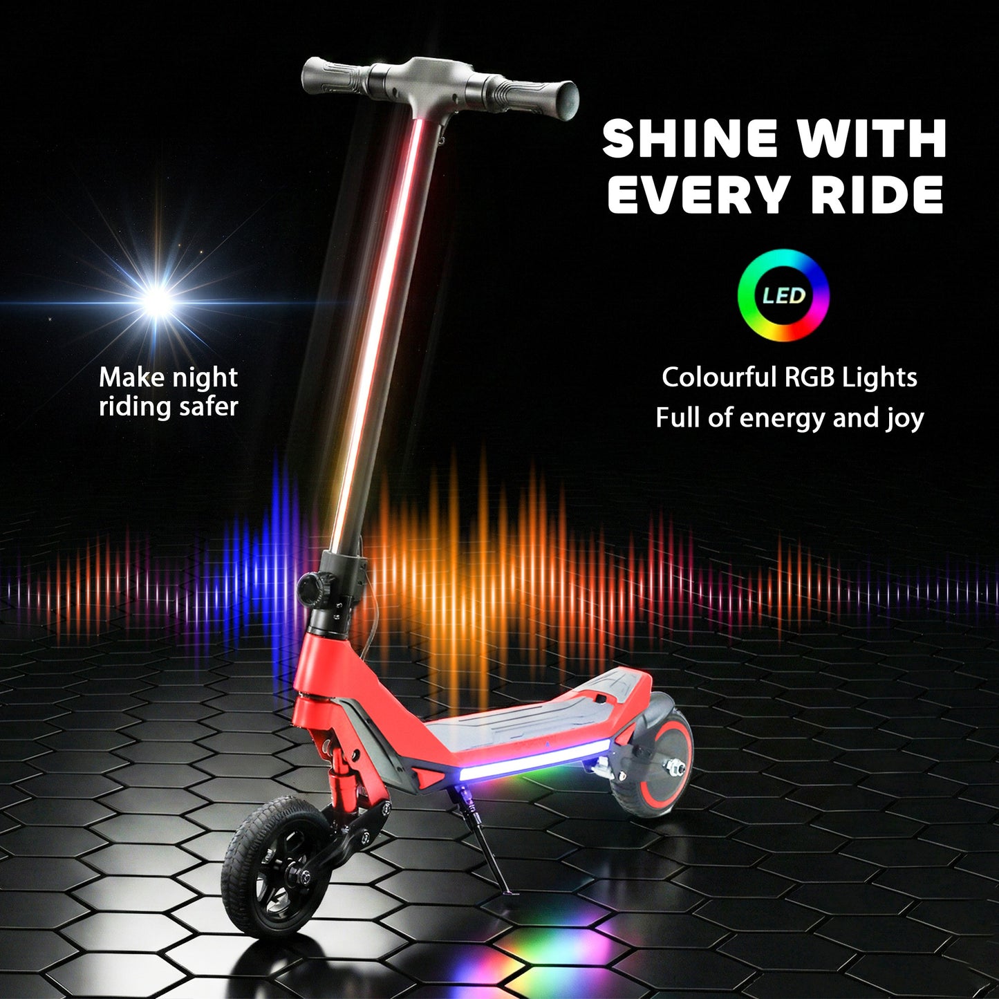 Electric Scooter for Kids, Foldable E Scooter for Age Age 6+ with LED Display, RGB lights, Up to 16km/h, Red