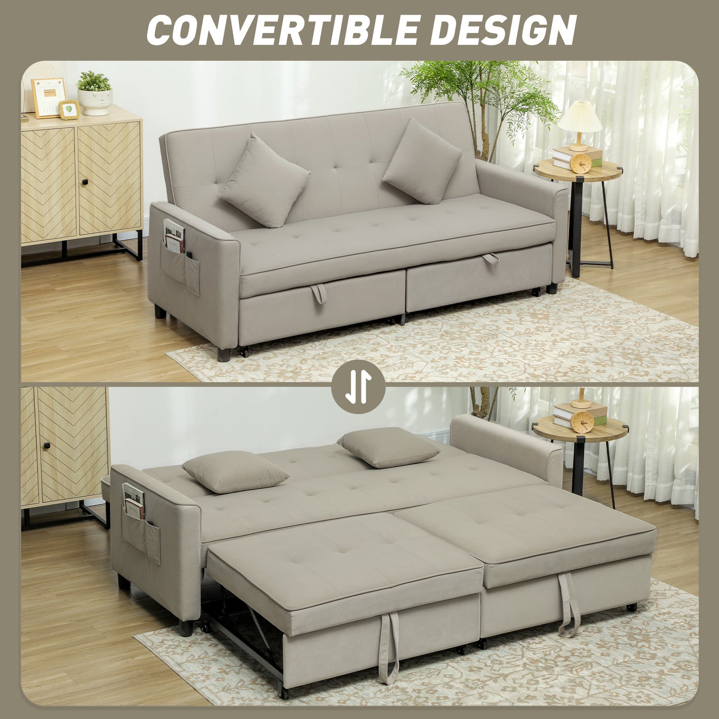 3 Seater Velvet Sofa Bed, Convertible Pull-Out Sofa Bed with Adjustable Backrest, Space Saving Living Room Sofa, Beige