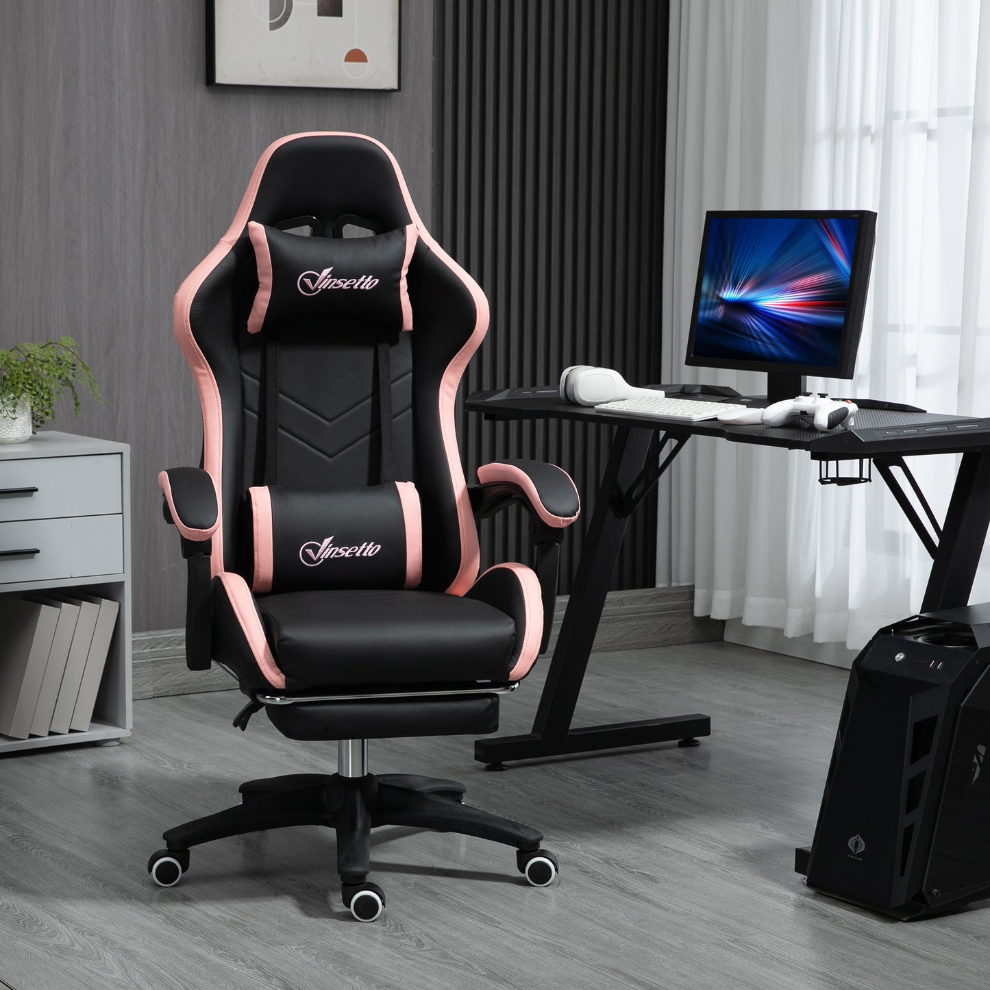 Gaming Chair, Computer Gamer Chair with Reclining High Back, Headrest, Lumbar Support, Footrest, Swivel Wheels, PU Leather