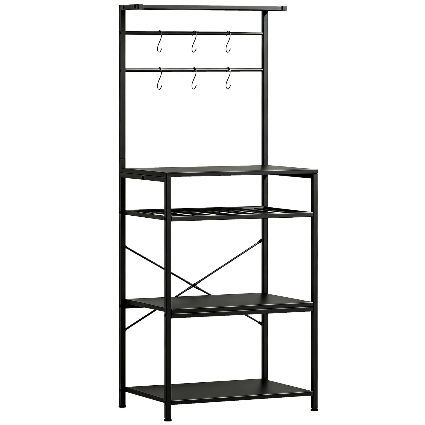Freestanding Shelving Unit, Industrial Storage Shelf with 6 Hooks and Wine Rack for Living Room, Home Office, Black