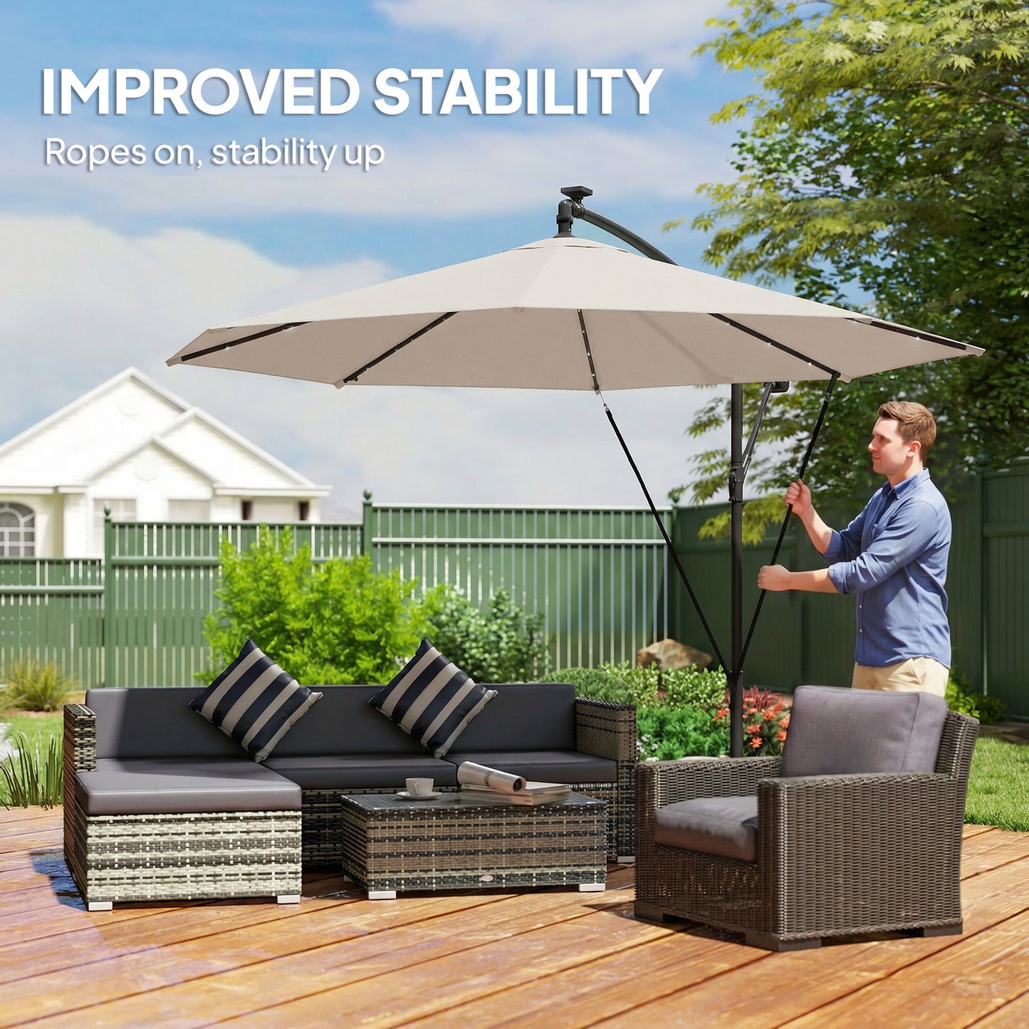 3 m Cantilever Parasol with Solar LED Lights Garden Umbrella with Cross Base, Cream White