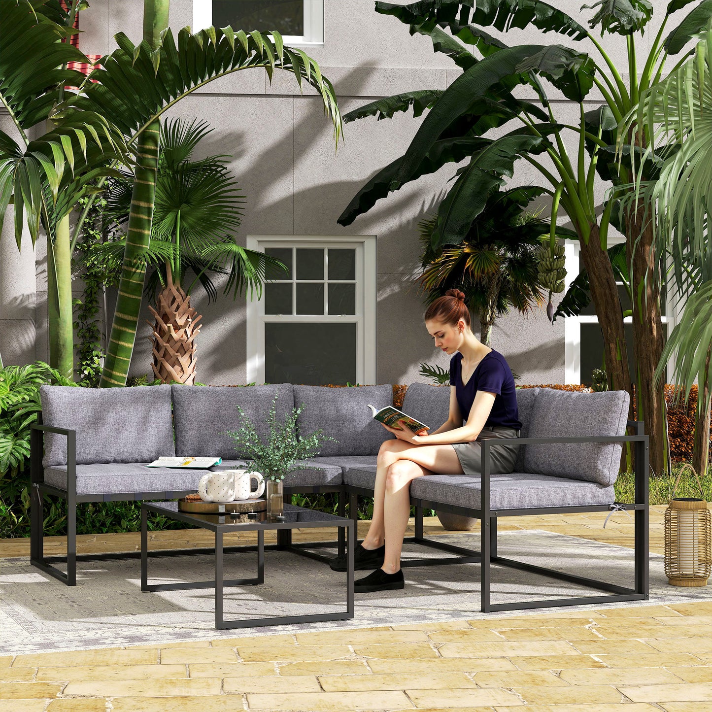 Three-Piece L Shaped Garden Furniture Set with Cushions - Grey