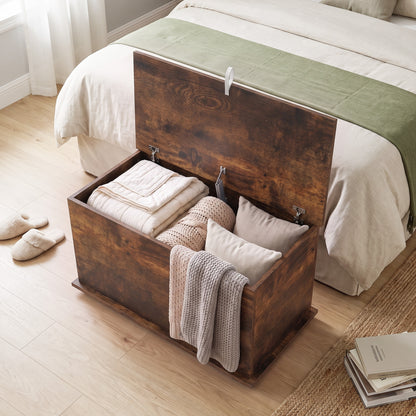 Storage Chest, 102L Blanket Box, Shoe Bench Safety Hinged Lid, Bed End Bench for Bedroom, 80 x 40 x 45cm, Rustic Brown