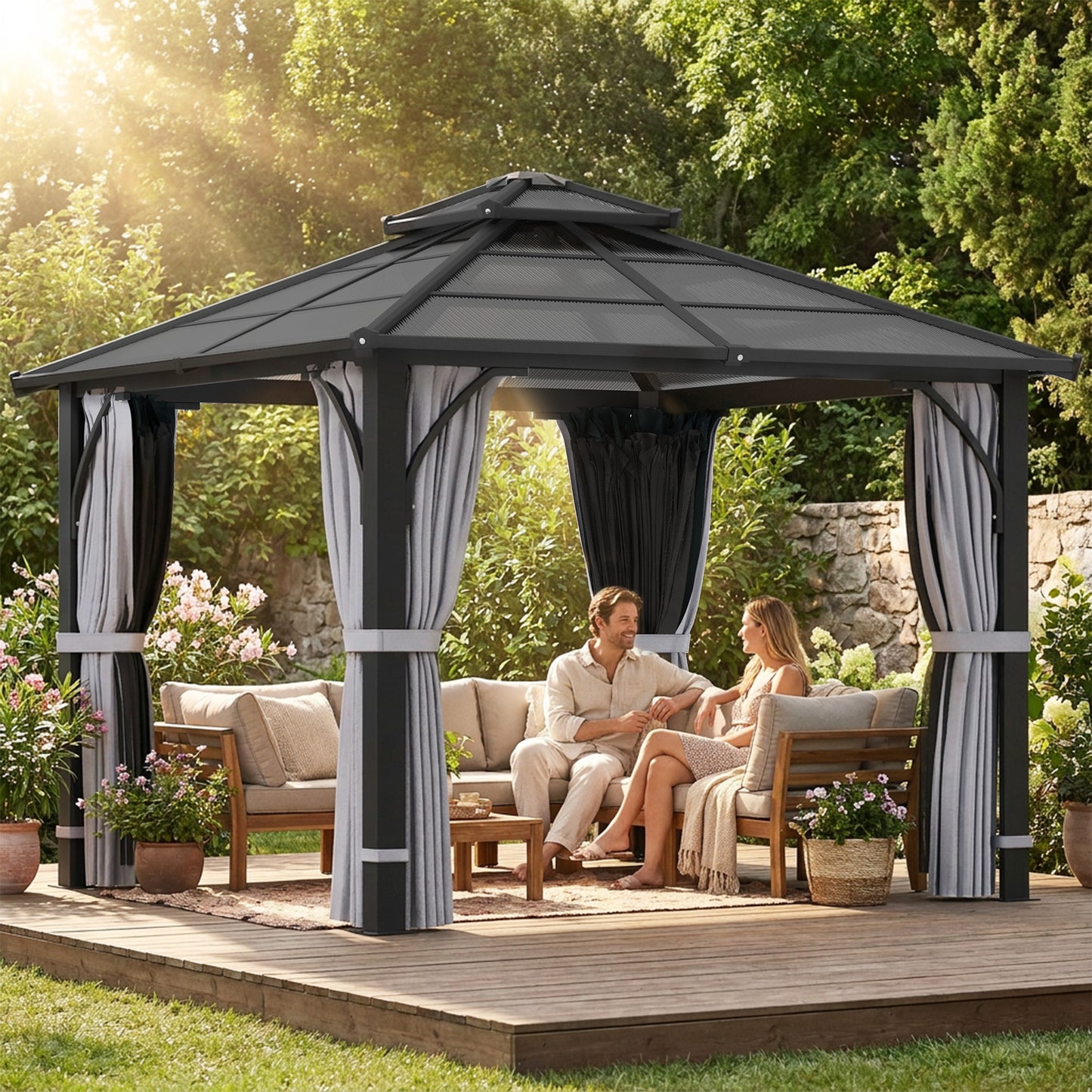 3 x 3(m) Hardtop Gazebo Canopy with 7mm Polycarbonate Double-Tier Roof, Garden Gazebo Permanent Pavilion