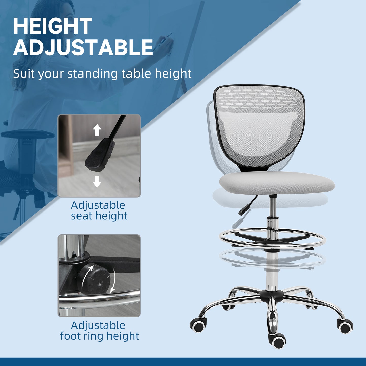68-88cm Draughtsman Office Chair, with Wheels - Light Grey