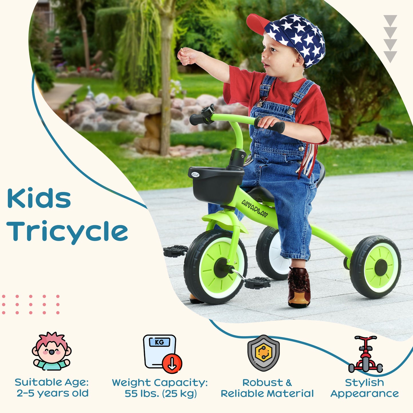 Kids Trike, Tricycle, with Adjustable Seat, Basket, Bell, for Ages 2-5 Years - Green