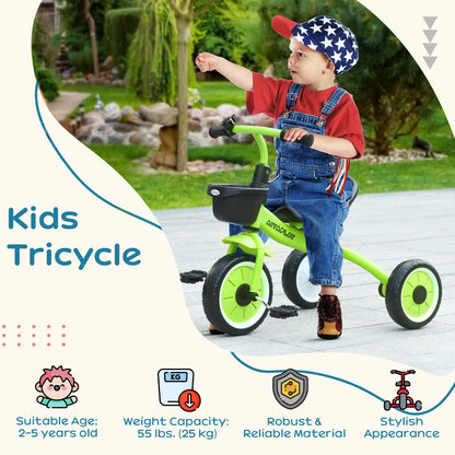 Kids Trike, Tricycle, with Adjustable Seat, Basket, Bell, for Ages 2-5 Years - Green