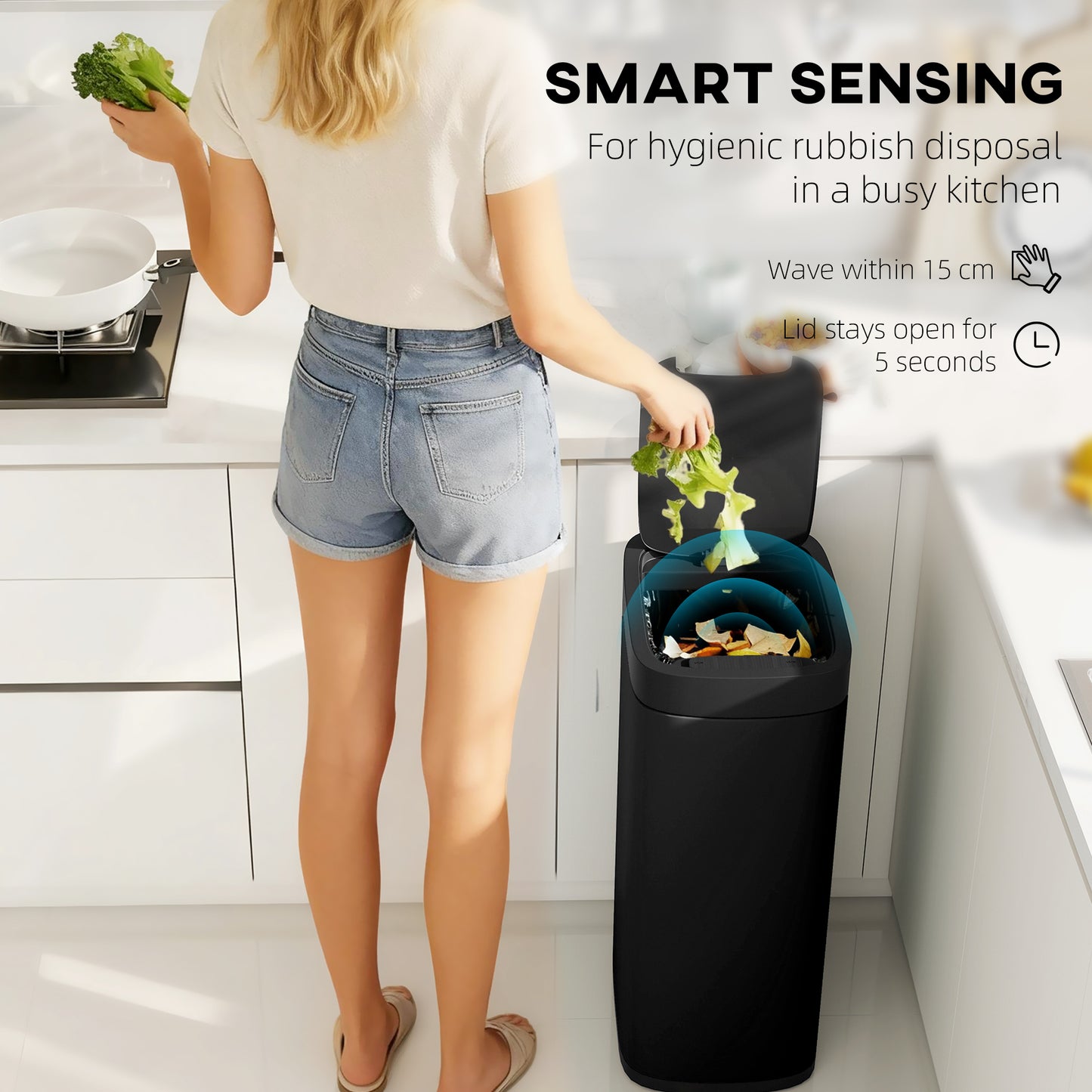 50L Sensor Bin, Automatic Kitchen Bin, Manual Override, Battery Operated, Inner-Bucket-Free, for Kitchen, Bedroom, Black