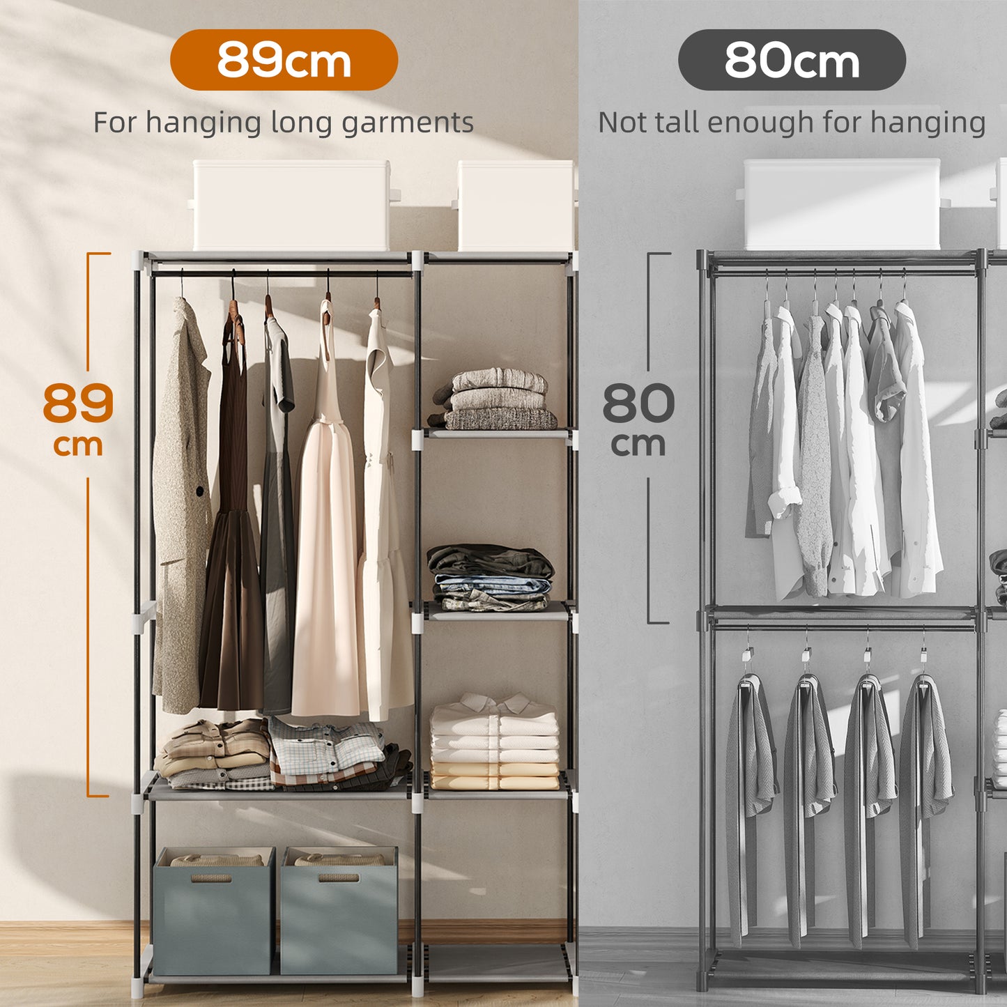 Portable Wardrobe, Open Clothes Wardrobe with 8 Shelves, 3 Hanging Rails, Light Grey