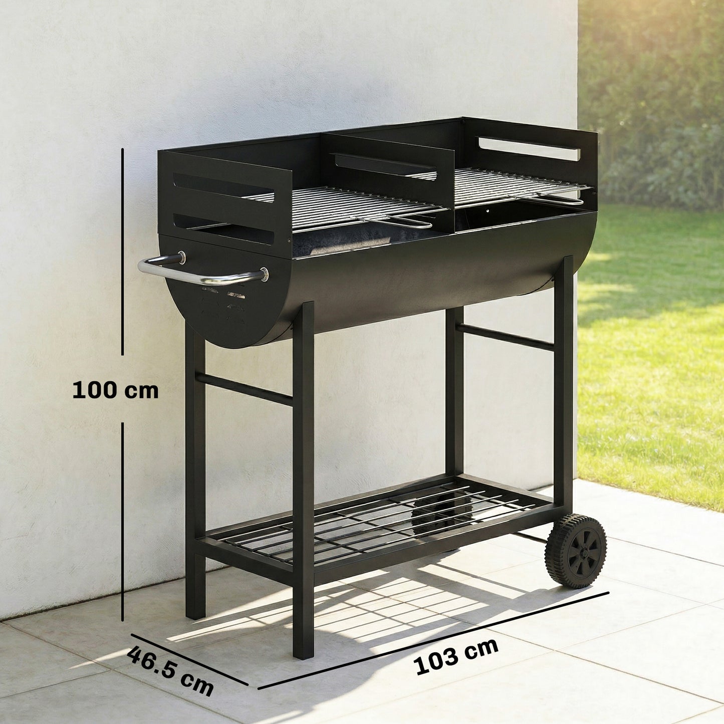 Charcoal Barbecue Grill with 2 Cooking Areas, Portable BBQ Trolley with Wheels, Height Adjustable Grates, Bottom Shelf