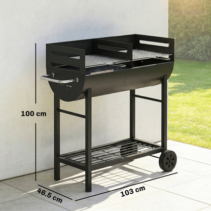 Charcoal Barbecue Grill with 2 Cooking Areas, Portable BBQ Trolley with Wheels, Height Adjustable Grates, Bottom Shelf