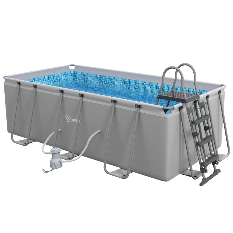 Rectangle Steel Frame Swimming Pool with Ladder and Pump - Grey