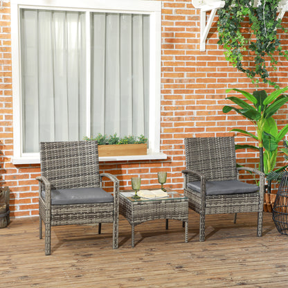 3 Pieces Rattan Bistro Set, Wicker Garden Furniture Set with Glass Top Coffee Table and Chairs