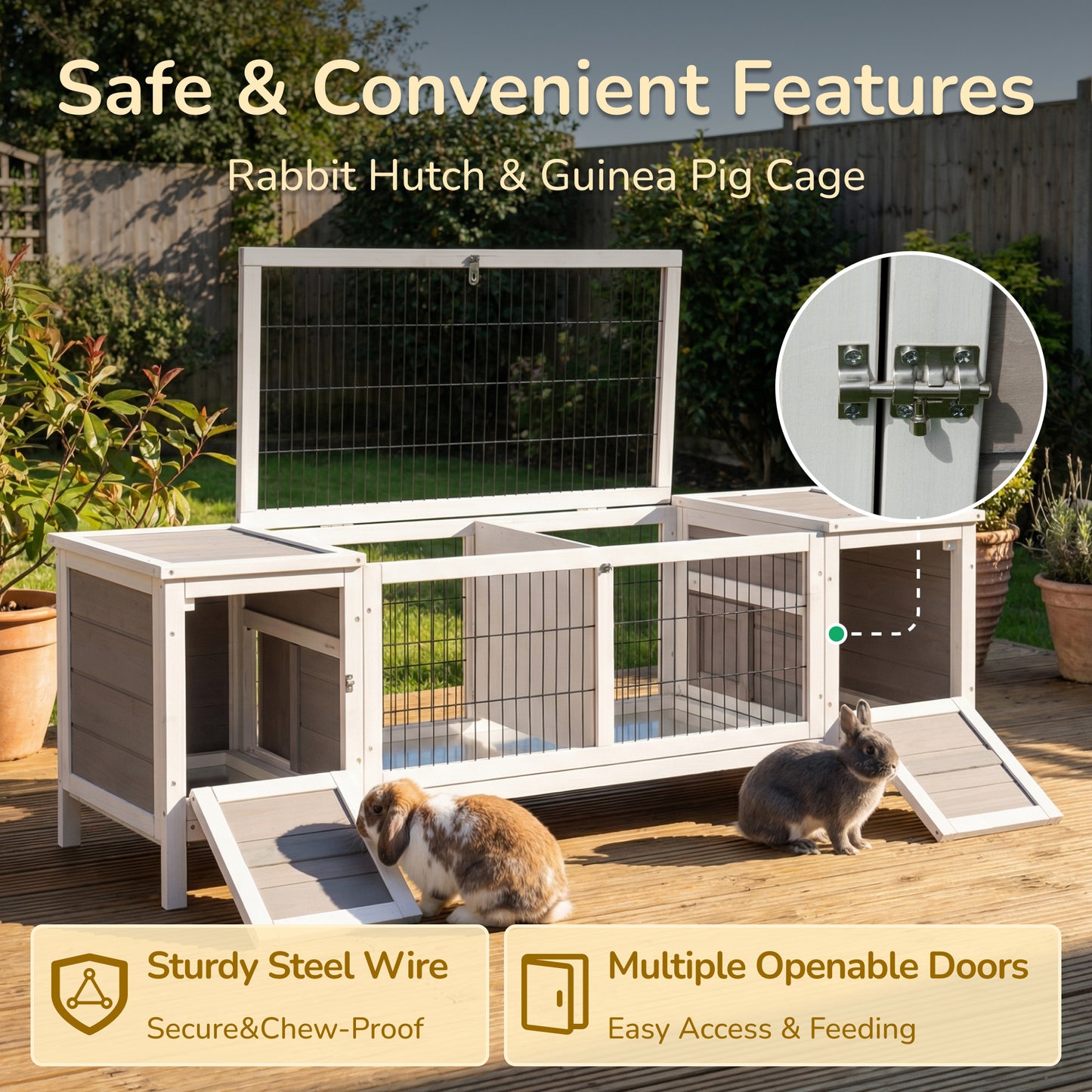 Rabbit Hutch and Run, with Removable Tray - Grey
