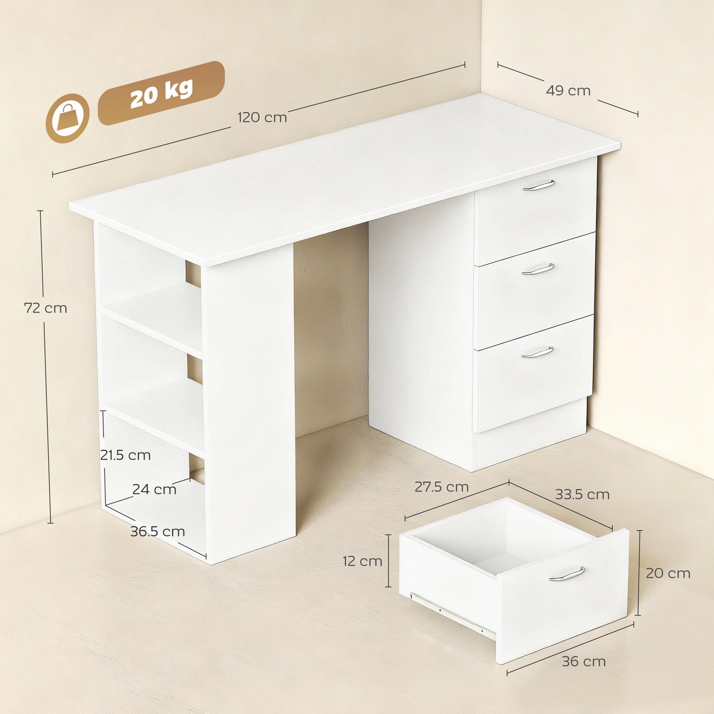 Computer Desk with Drawers, Home Office Desk, Writing Table, PC Workstation with 3 Storage Shelves for Working, Study