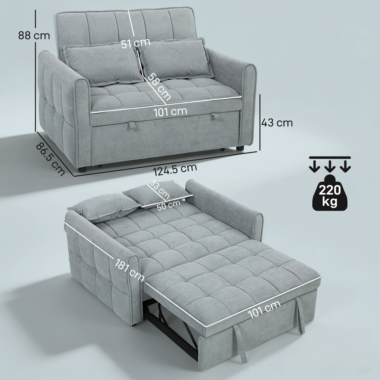 2 Seater Sofa Bed, 3-in-1 Convertible Sleeper Sofa with Click-clack Adjustable Backrest and 2 Pillows, Grey