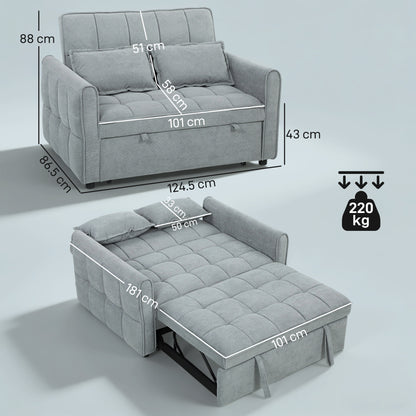 2 Seater Sofa Bed, 3-in-1 Convertible Sleeper Sofa with Click-clack Adjustable Backrest and 2 Pillows, Grey