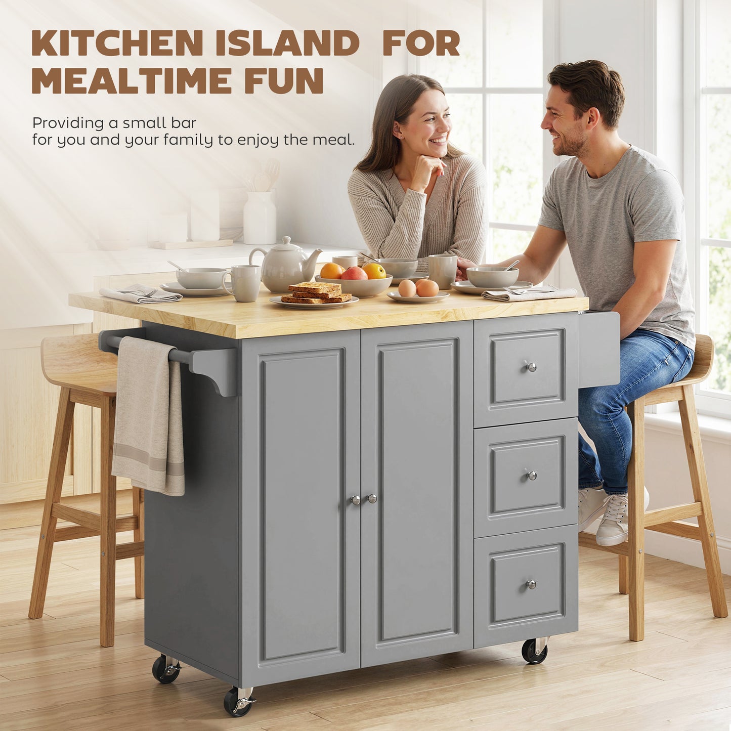 Kitchen Island on Wheels, Rolling Kitchen Storage Trolley with Drop Leaf, Drawers, Towel and Spice Rack, Grey