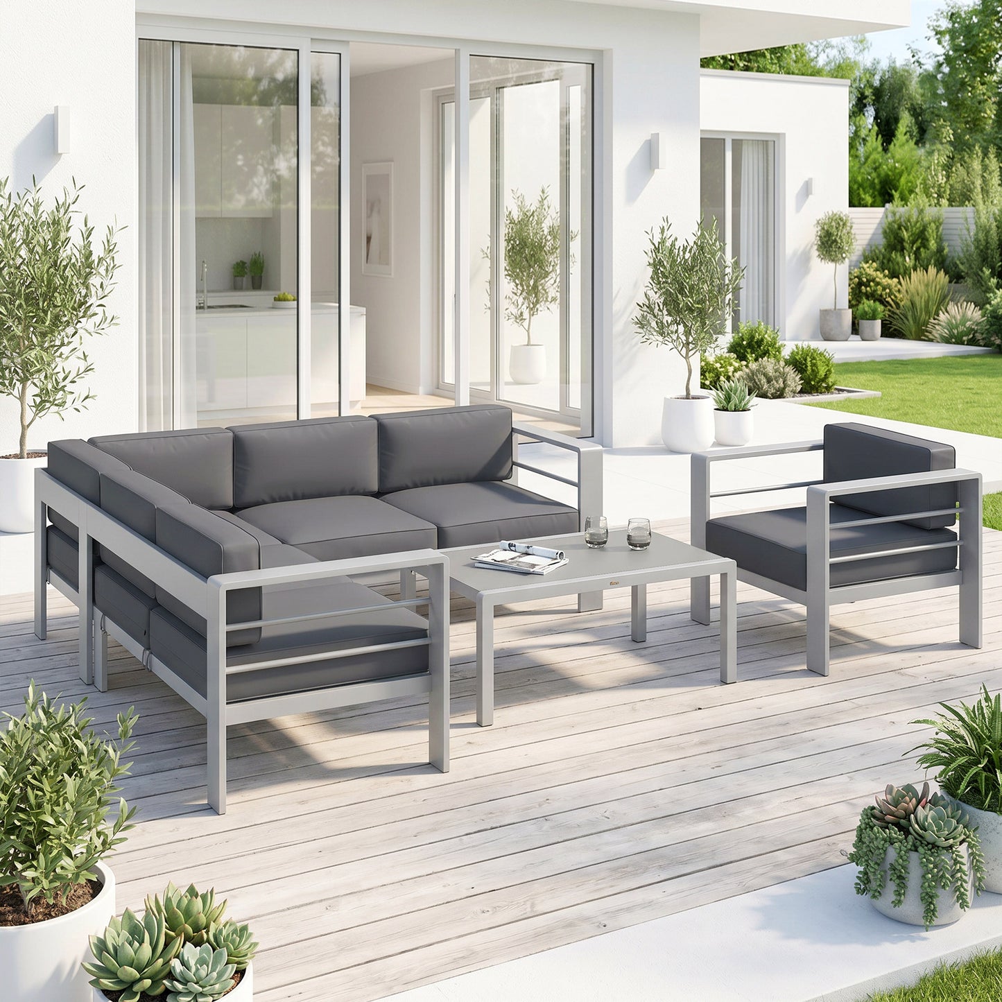 Five-Piece Aluminium Garden Sofa Set, with Glass-Top Table - Grey