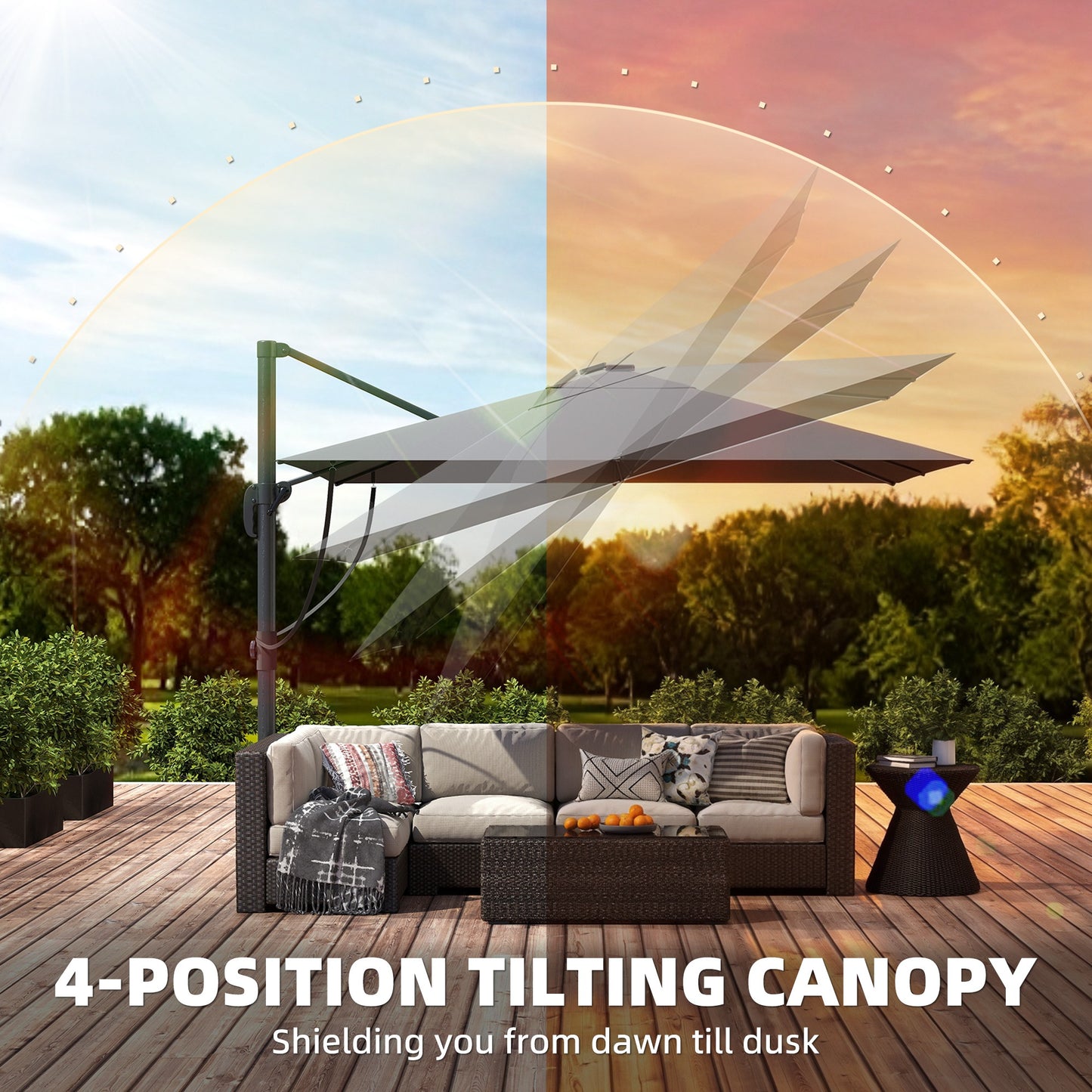 3 x 3 m Garden Cantilever Parasol with Light, Cover, Overhanging Umbrella w/ Wind Protection, 360° Rotation, Light Grey