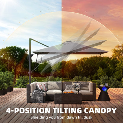 3 x 3 m Garden Cantilever Parasol with Light, Cover, Overhanging Umbrella w/ Wind Protection, 360° Rotation, Light Grey