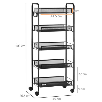 Five-Steel Mesh Basket Storage Trolley, with Wheels - Black