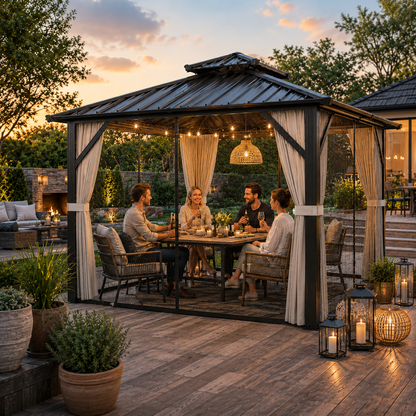 3x3 m Hardtop Gazebo Canopy with UPF50+ Double Galvanised Steel Roof, Aluminium Garden Gazebo Permanent Pavilion, Brown