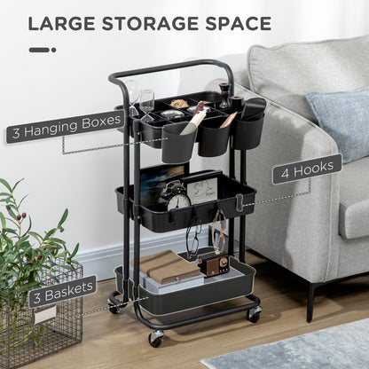 Three-Tier Home Trolley, with Handle and Wheels - Black