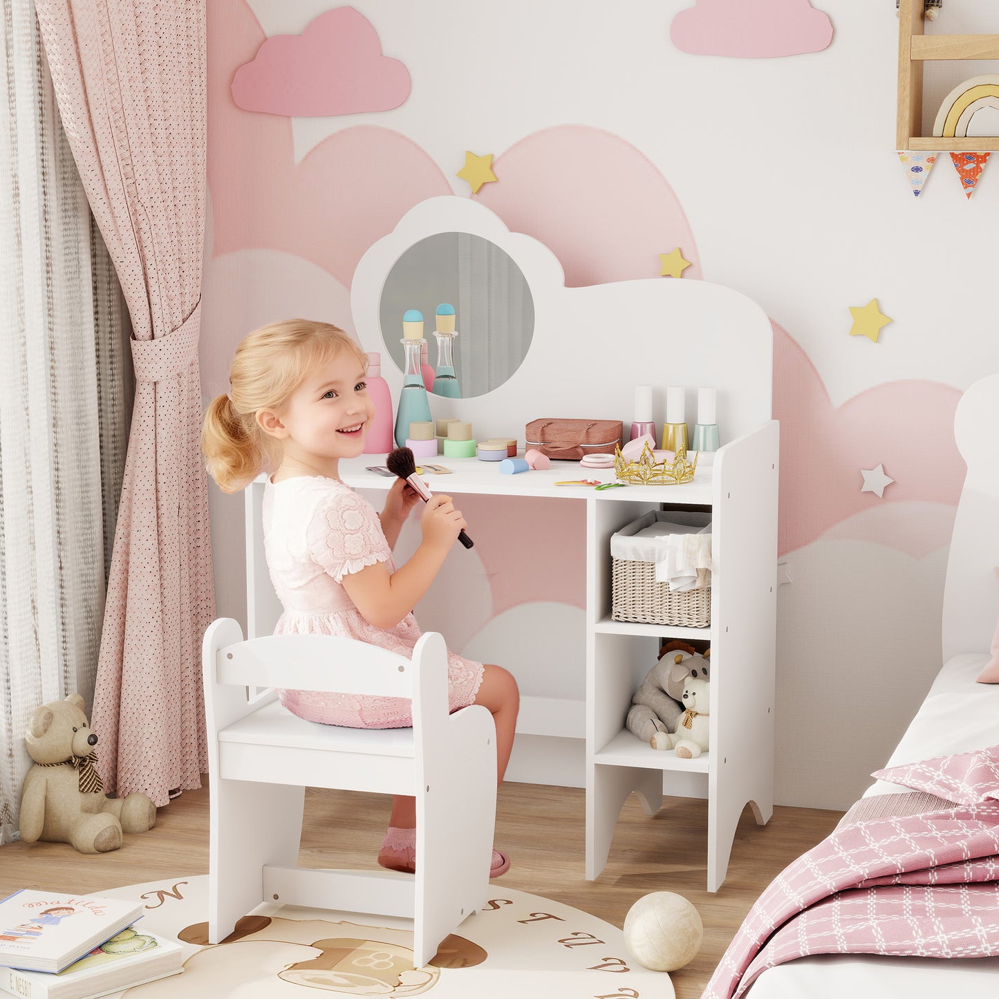 Kids Dressing Table with Mirror, Stool, Kids Vanity Table with Shelves, for Ages 3-8 Years, White