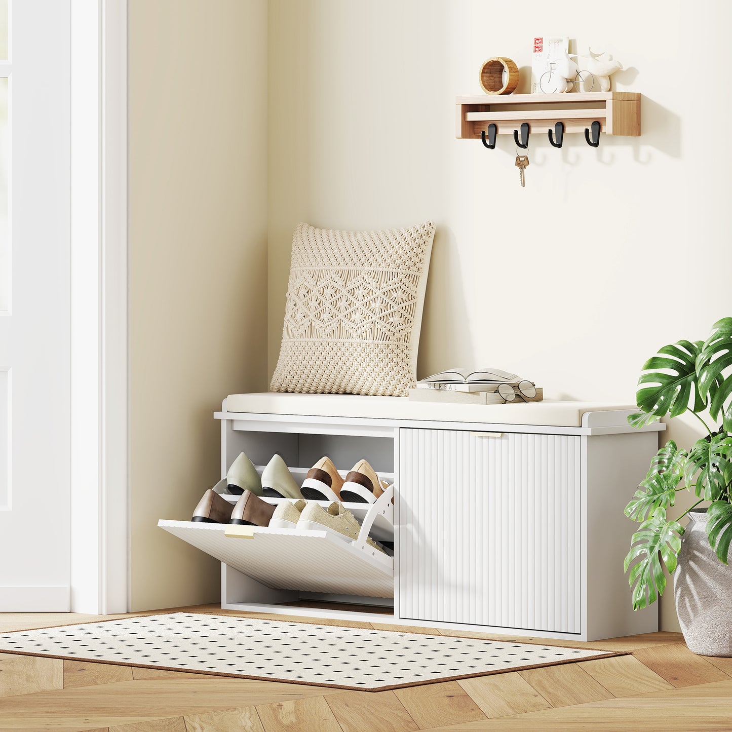 Elegant Ten Shoe Bench, with Top Seat - White