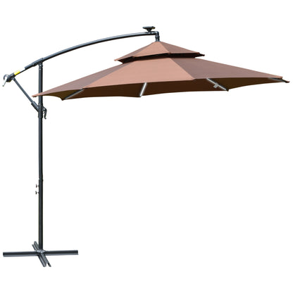 3(m) Cantilever Banana Parasol Hanging Umbrella with Double Roof, LED Solar lights, Crank