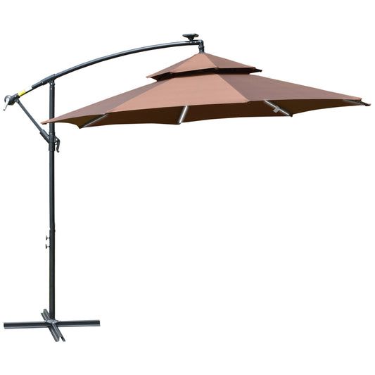 3(m) Cantilever Banana Parasol Hanging Umbrella with Double Roof, LED Solar lights, Crank
