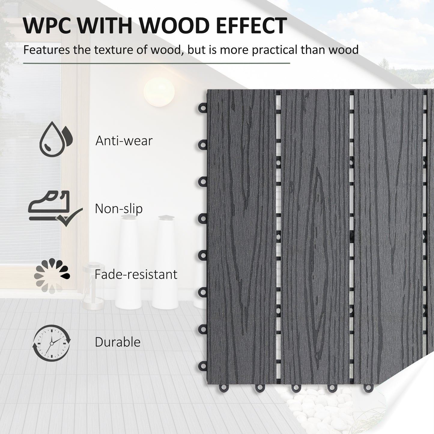 WPC Interlocking Decking Tiles, Pack of 11 Interlocking Patio Paving Slabs, 30 x 30 x 2.2 cm, Grey