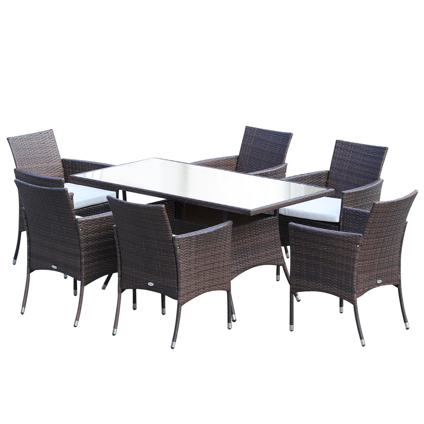 6 Seater Rattan Dining Set with Cushions, Rattan Garden Furniture Set with 6 Armchairs, Rectangular Glass Top Table