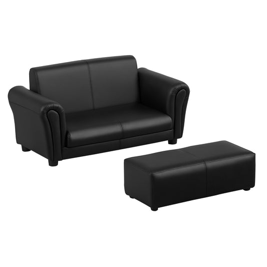 Kids Sofa Bed Kids Twin Sofa Toddler Chair 2 Seater Kids Twin Sofa Chair Boys Girls Couch w/ Footstool (Black)
