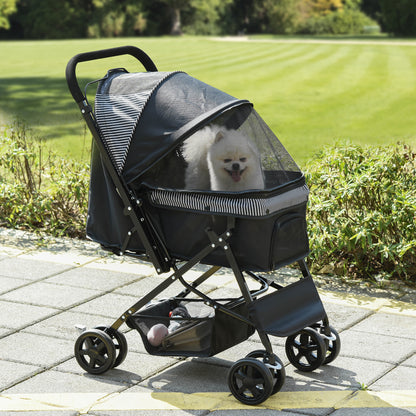 Pet Stroller Pushchair Foldable Travel Dog Cat Carriage w/ Reversible Handle Brake Basket