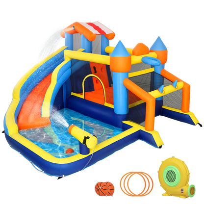Bouncy Castle for Kids, Inflatable Bounce House with Long Slide, Splash Pool and 550W Blower for Indoor Outdoor