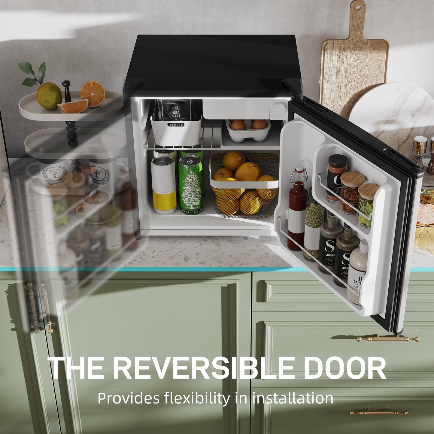 46 Litre Table Top Mini Fridge, Small Fridge with Ice Box, Reversible Door, Adjustable Temperature and Legs for Bedrooms