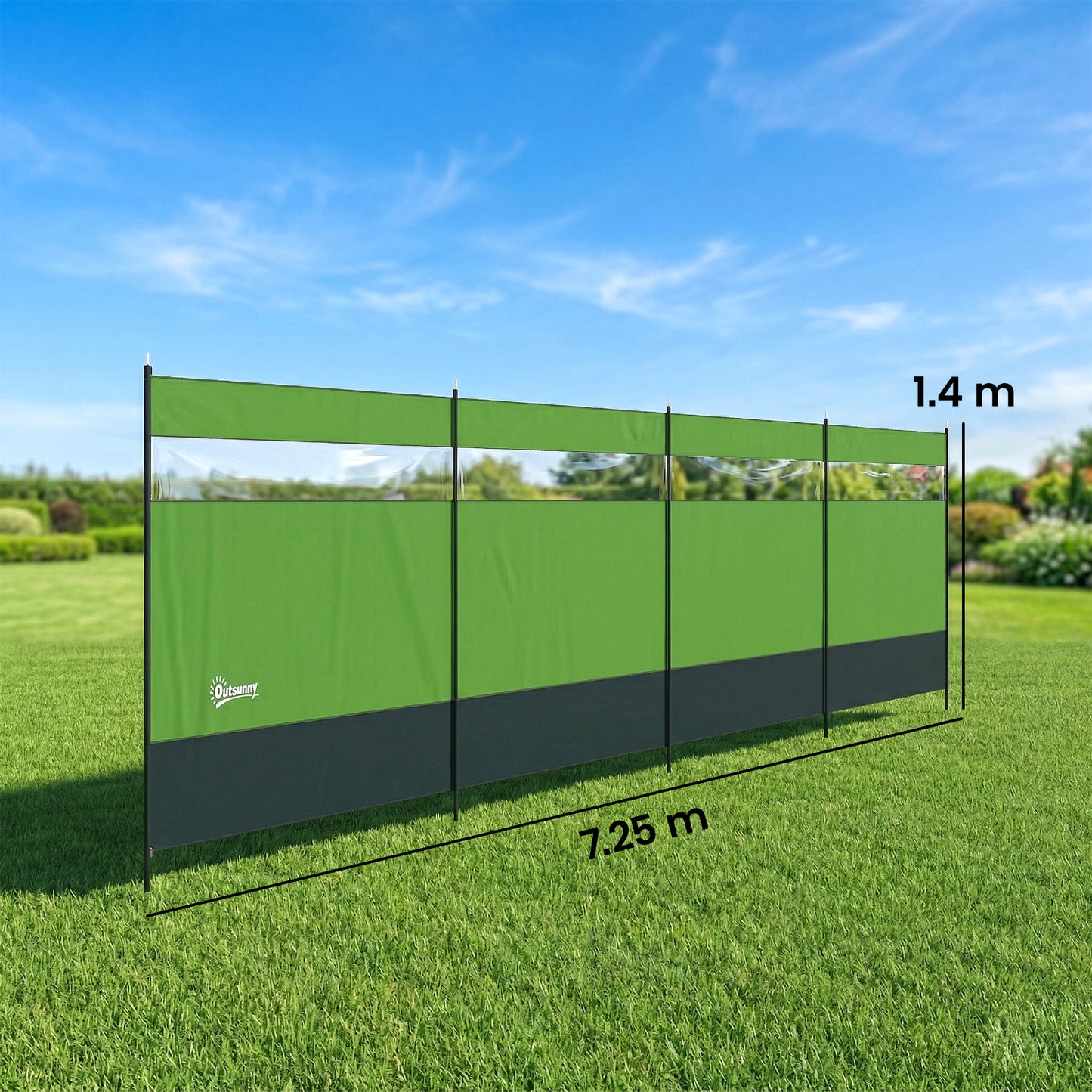 Camping Windbreaker with Clear Windows, Carry Bag and Steel Poles, for Beach Caravan Campervan, 725 x 140cm, Army Green