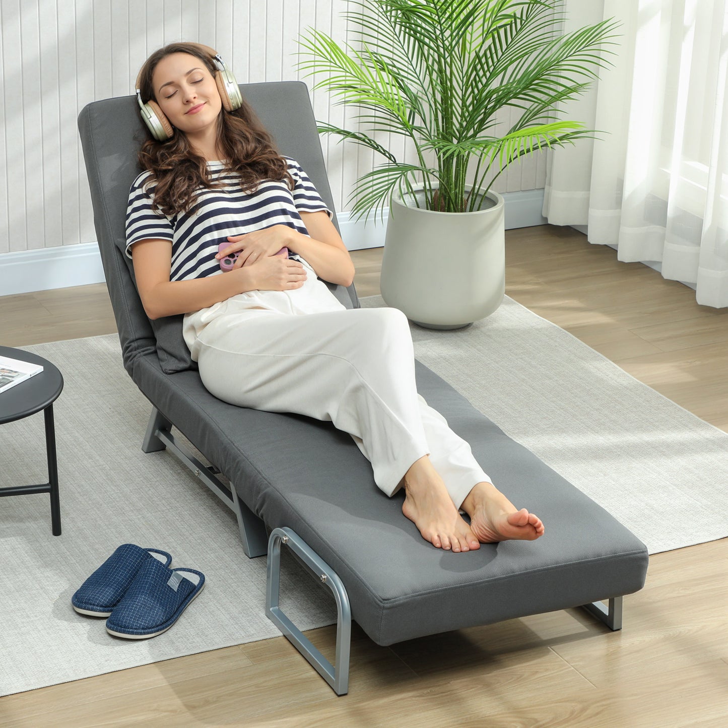 Single Sofa Bed, 3-in-1 Convertible Folding Chair Bed with Adjustable Backrest, Removable Armrests, Dark Grey