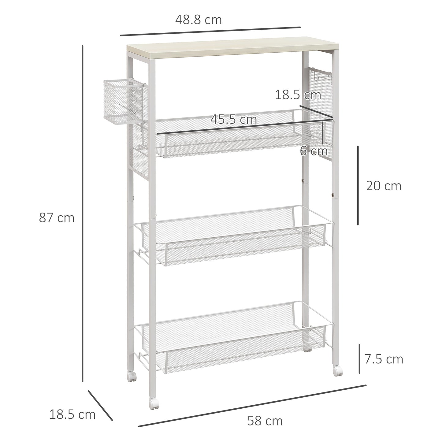 3-Tier Kitchen Cart with 3 Steel Wire Baskets - White