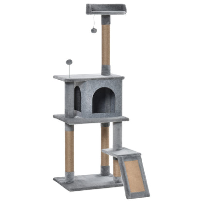 Cat Tree Tower 142cm Climbing Kitten Activity Center with Jute Scratching Post Board, Removable Felt Hanging Toy, Grey