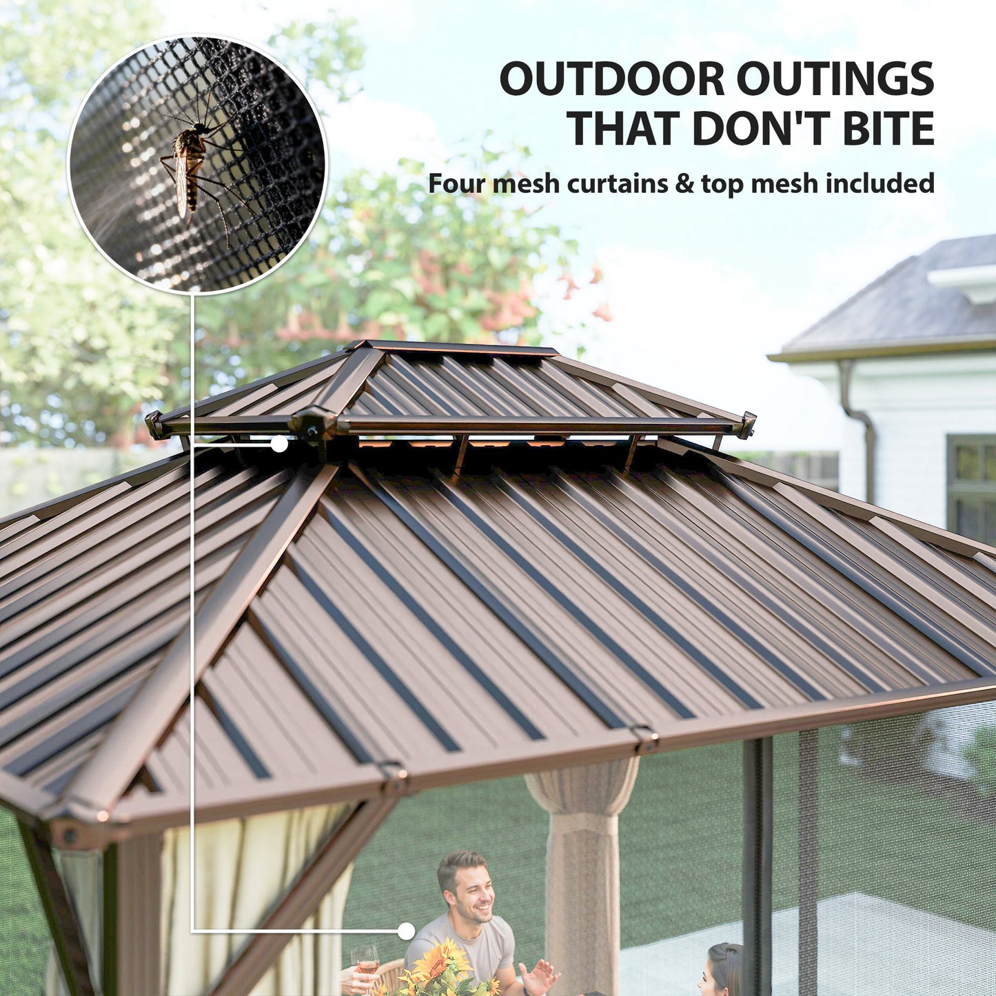 3x3.6 m Hardtop Gazebo Canopy with UPF50+ Double Galvanised Steel Roof, Aluminium Garden Gazebo Permanent Pavilion, Brown